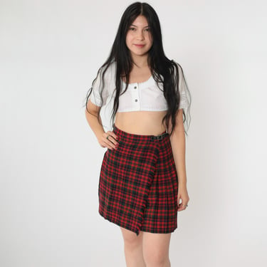 Vintage Plaid Mini Skirt 70s School Girl Pleated Wool English Tartan High Waisted Red Green Preppy Clueless Checkered Retro 1970s Small 