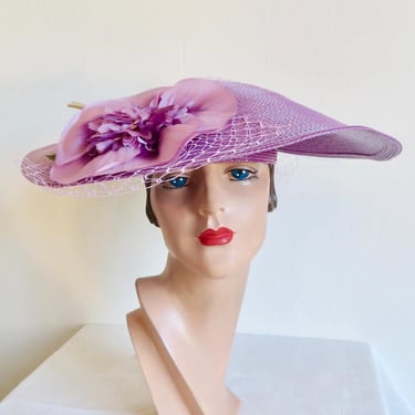 1980's Lavender Woven Straw Wide Brim Platter Hat Large Silk Flower and Veil Trim 80's Spring Summer Hats Chapeau Creations Ruth Kropveld 