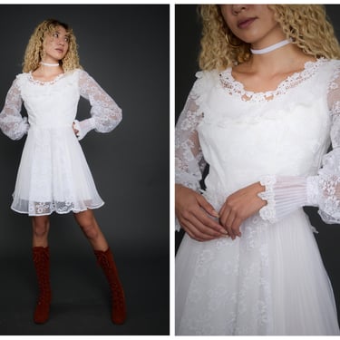 Vintage 1960s 60s White Daisy Crochet Lace Chiffon Pleated Mini Dress w/ Balloon Sleeves // Wedding Engagement Bridal Elopement 