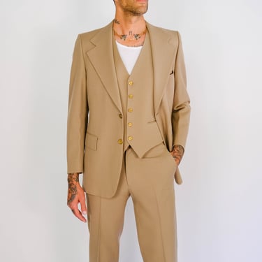 Vintage 70s Yves Saint Laurent Camel Tan Gabardine Three Piece 