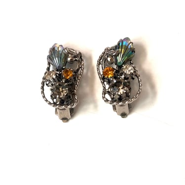 Vintage Austrian Crystal  Earrings, 50's Earrings, AUSTRIA Clip Earrings, Multi-Stone Earrings, Clip-on Earrings, Statement Earrings 