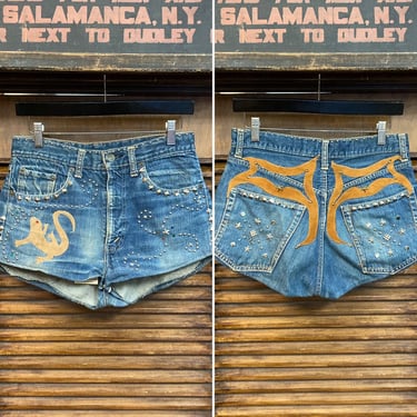 Vintage 1960’s w30 Levi’s Glam Hippie Denim Studded Jean Shorts, 60’s Vintage Clothing 