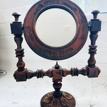 Antique Swerving Vanity Mirror -Folk Art Hand Carved Wooden Shaving Mirror by LeChalet
