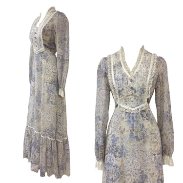 Vtg Vintage 1970s 70s Gunne Sax Style Subdued Blue Floral Victorian Maxi Dress 