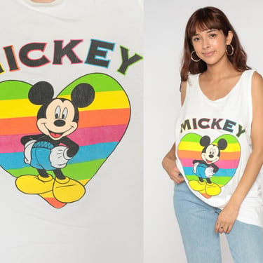 Mickey Mouse Tank Top 90s Rainbow Heart Disney T-Shirt Sleeveless Shirt Retro Cartoon Graphic Tee Pride White Vintage 1990s Medium Large xl 