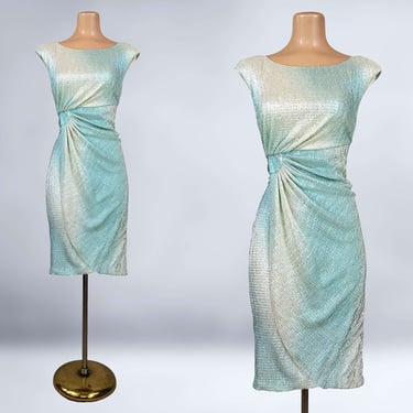 VINTAGE 90s Aqua Ombré Metallic Crinkle Lamé Cocktail Dress | 1990s retro 50s Party Prom Wiggle Dress | VFG 