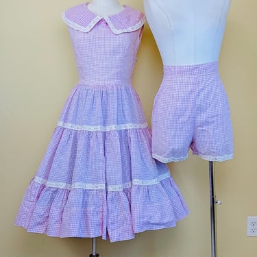 1960s Vintage Pink Gingham Square Dance Set / 60s Cotton Western Dress and Hot Pants / Size XS - Small 