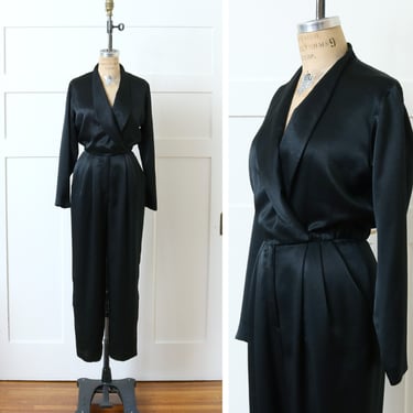 vintage 1990s black satin jumpsuit • elegant shawl lapel tux style women's one piece outfit 