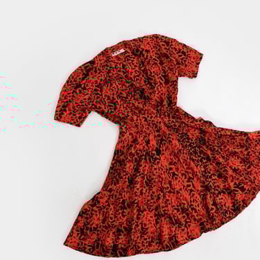80s Coral hand stamped batik tropical wrap dress 
