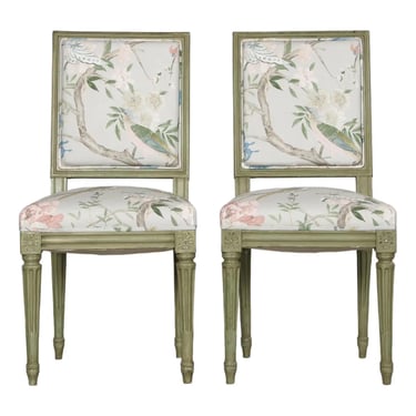 Antique French Louis XVI Style Painted Square Back Side Chairs in Chinoiserie Fabric - A Pair 