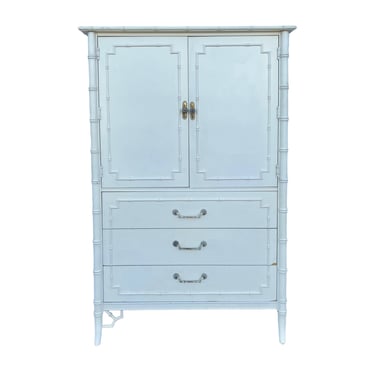 Faux Bamboo Armoire Dresser Project by Thomasville Allegro - White Hollywood Regency Palm Beach Coastal Chinoiserie Fretwork Furniture 