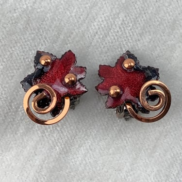 1950's Maple Leaf Earrings -  Red Enamel with Copper Swirls - Signed MATISSE - Cushion Backed Clip-On Style 