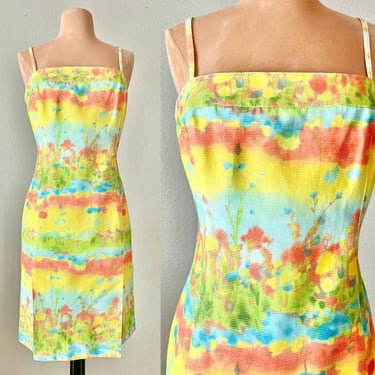 Vintage 90s Slip Dress, Water Color Print, Spaghetti Straps, Alberto Makali 