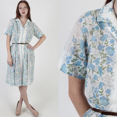 Vintage 50s Blue Floral Dress / Soft Rockabilly Retro House Day Dress / Casual Thin White Home Baking Mini Dress 