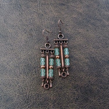 Pale green sea glass and copper chandelier earrings 2 