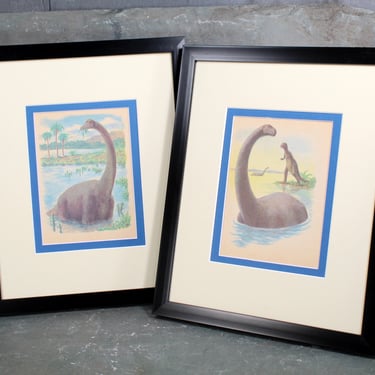 Dinosaur Art for Children's Room - Set of 2 Double-Matted Vintage Children's Book Pages (Not Reprints) - Fit 8x10