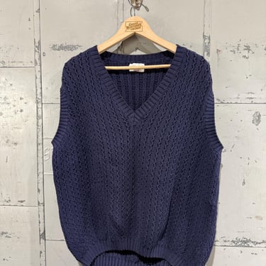 Vintage Chunky Knit Cable V-Neck Sweater Vest Navy Blue Benetton Brand 