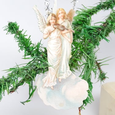Antique Victorian Angel Embossed Die Cut and Tinsel Christmas Scrap Ornament, Vintage Tree Decor 