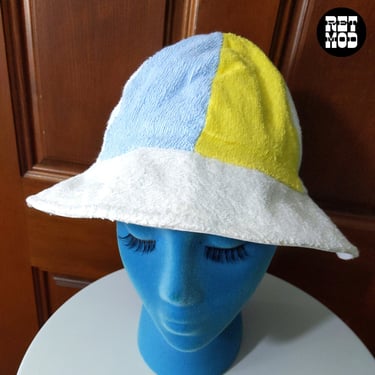 Fun Sunny Happy Vintage 70s White, Blue, Yellow Terrycloth Hat - White 