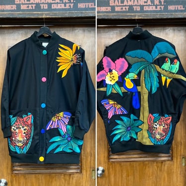 Vintage 1980’s “Silkscapes” Jungle Leopard Parrot Batwing New Wave Cartoon Jacket, 80’s Vintage Clothing 
