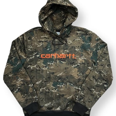 Y2K Carhartt Work In Progress “WIP” Woodland Camouflage Embroidered Hoodie Sweatshirt Pullover Size Medium 
