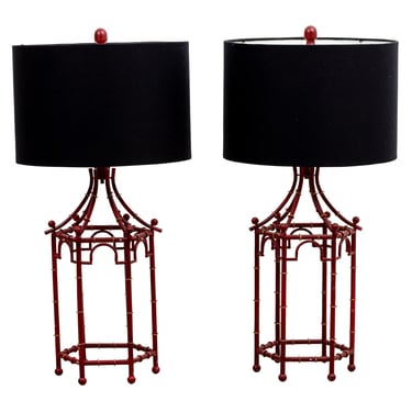 Pair of Chinese Chippendale style Red Metal Table Lamps