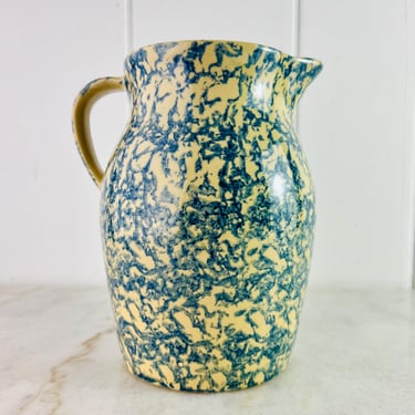 Vintage (1970s) Robinson Ransbottom Pottery ceramic 2 Qt Pitcher, Blue Spongeware RPP Roseville Ohio Farmhouse Country Cottage Kitchen Decor 