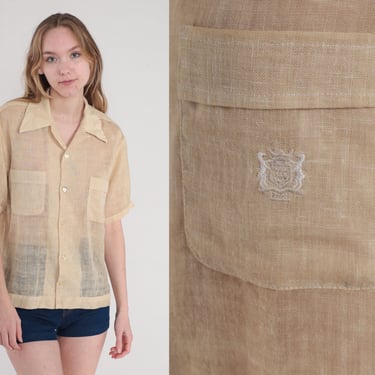 Tan Button Up Shirt 70s Thin Semi Sheer Collared Top Retro Preppy Short Sleeve Plain Seventies Mr. California Vintage 1970s Mens Medium M 