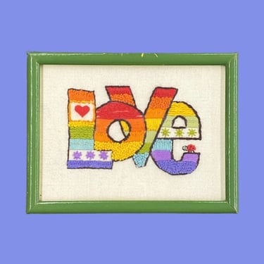 Vintage Love Crewel 1980s Retro Size 7x10 Bohemian + Handmade + Rainbow + Ladybug + Heart + Embroidery + Home and Wall Decor + Pride + LGBTQ 