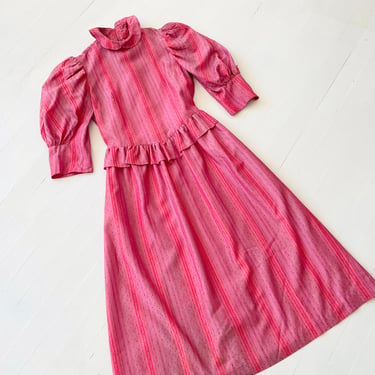 1980s Belle France Pink Striped Satin Prairie Dress with Peplum Waist 
