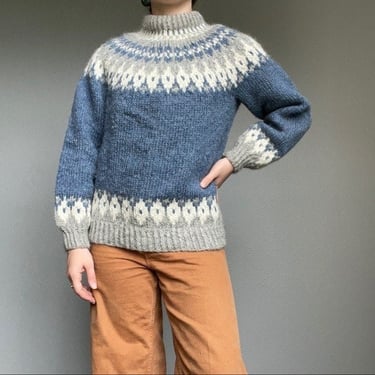 Vintage Nethy Hand Knit Scottish Fair Isle Blue Scandinavian Wool Sweater Sz M 