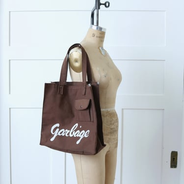 vintage 70s 80s garbåge tote bag • brown cotton canvas novelty pocket purse 
