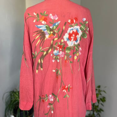 1920s Hand Embroidered Cotton Robe Birds and Flowers Boudoir Antique Lingerie 