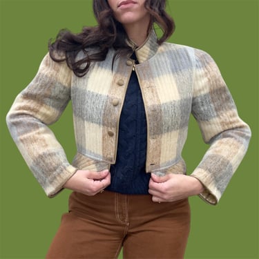 Vintage Cropped Jacket Retro 1980s Mr. Beenge + Womens + Size 10 + Blazer + Mohair Wool + Check + Plaid + Equestrian Style + Lightweight 