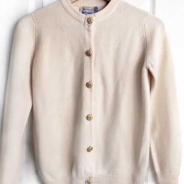 BALLANTYNE of Peebles Scotland 100% CASHMERE Cardigan Sweater Ivory Vintage 1950's Fully Fashioned Beige S/M, Pinup Mid Century 