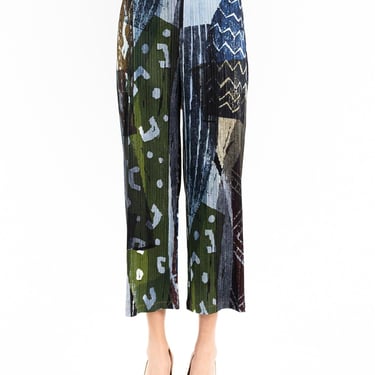 1990S Issey Miyake Dark Chocolate Brown  Olive Green Polyester Pleated Abstract Print Pants 