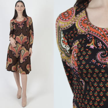 All Over Print 60s Dress Vintage Psychedelic Paisley Button Up Black Neon Mod Jersey Dress 