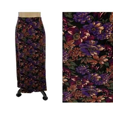 90s Purple Floral Maxi Skirt XL, Long Pencil Skirt Size 16, Fall Winter Ultrasuede, Plus Size Clothes Women Vintage 1990s BRIGGS New York 
