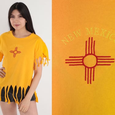 New Mexico Shirt 90s Fringe T-Shirt Zia Graphic Tee Retro Yellow NM Tourist TShirt Travel Desert Usa T Shirt Festival Vintage 1990s Medium M 