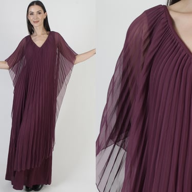 Long Purple Grecian Goddess Dress, Plain Avant Garde Chiffon Gown, Vintage 70s Disco Party, Pleated Cape Overlay 