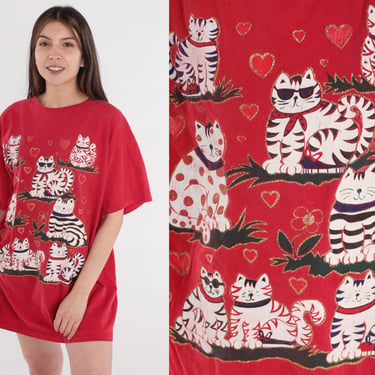 Glitter Cat T-Shirt Dress 90s Sleep Shirt Mini Red Pajamas Cartoon Kitty Tshirt Nightie Cute Kawaii Tee Vintage 1990s Small Medium Large XL 