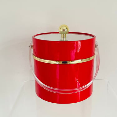 Vintage 1970s MID Century Modern Georges Briard Red Vinyl Acrylic Barware Ice Bucket 