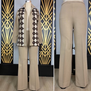 1970s pantsuit, tan polyester, argyle, vintage pantsuit, small medium, jacket and pants, flared leg, high waist, mod, minx style, 28 waist 