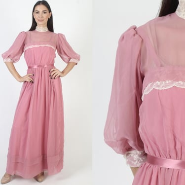 Romantic Chiffon Wedding Dress, Barbiecore Pink Floral Lace, Sheer Sleeves Vintage Belted Gown 