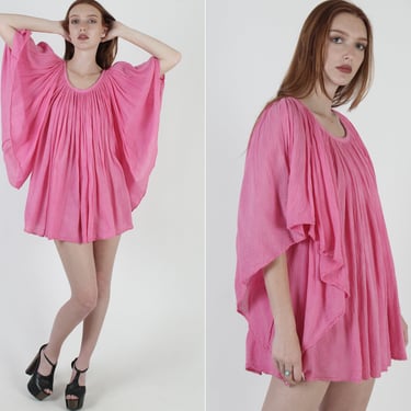 Pink Gauze Micro Mini Dress / Kimono Sleeves Dress / Vintage 80s Floral Crochet Lace / Angel Sleeve Solid Color Sheer Short Dress 