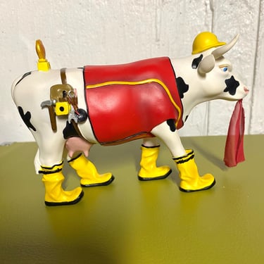 Vintage Westland Cow Parade Ceramic Figurine~  #7248~ 'Udder Construction ” ~ 2002 with box Cow Art~ retired collectible~ Safety hat, boots 