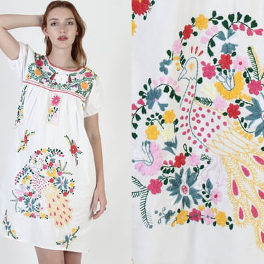 White Cotton Mexican Peacock Dress / Colorful Floral Embroidered Bird / Summer Fiesta Authentic Mexican Coverup 