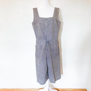 60s Cropped Jumpsuit with Blue and White Railroad Stripes and Zip Up Front | Large/Extra Large 