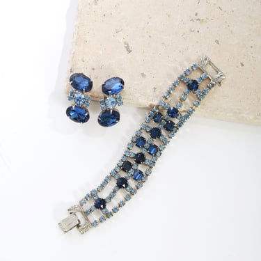 Vintage 50s blue glass rhinestone bracelet + earrings 