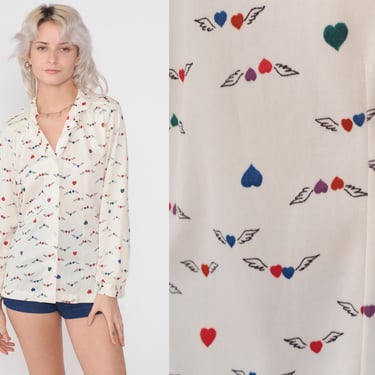 Heart Print Shirt 70s Blouse Button up Top Winged Hearts Novelty Print Retro Boho Hippie Long Sleeve Collared Off-White Vintage 1970s Large 